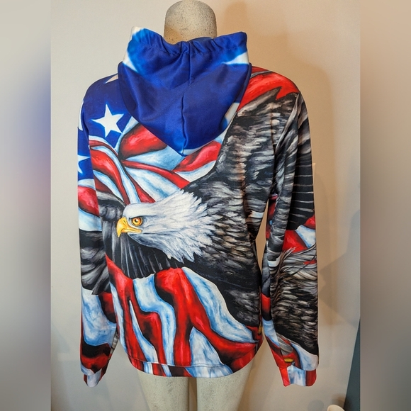 Americana Patriotic Eagle Hoodie with Stars and Stripes Size M Unisex - Picture 5 of 5